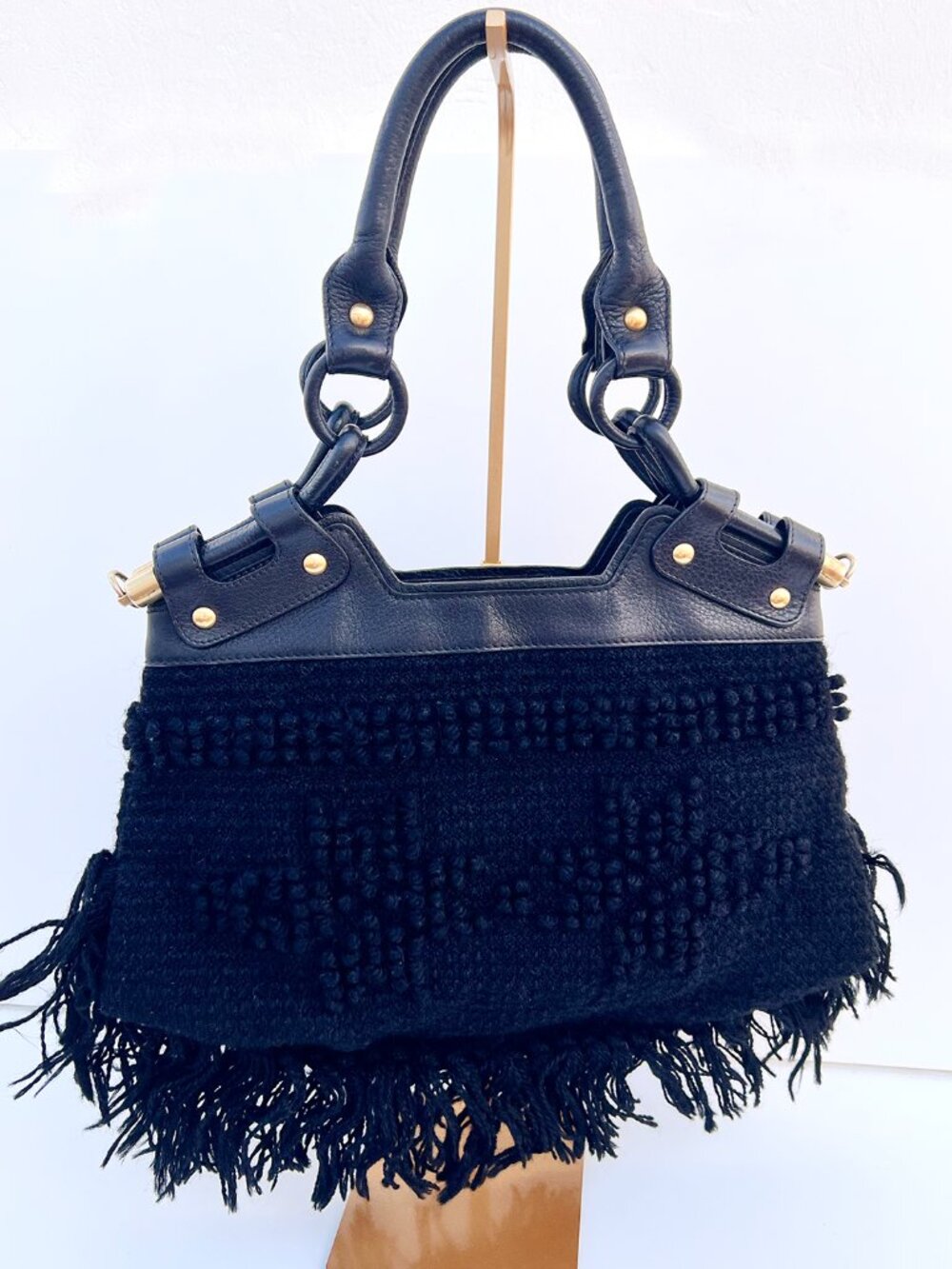 FERRAGAMO Black Fringe Knit Leather Hobo Bag Y2K - Picture 2 of 12